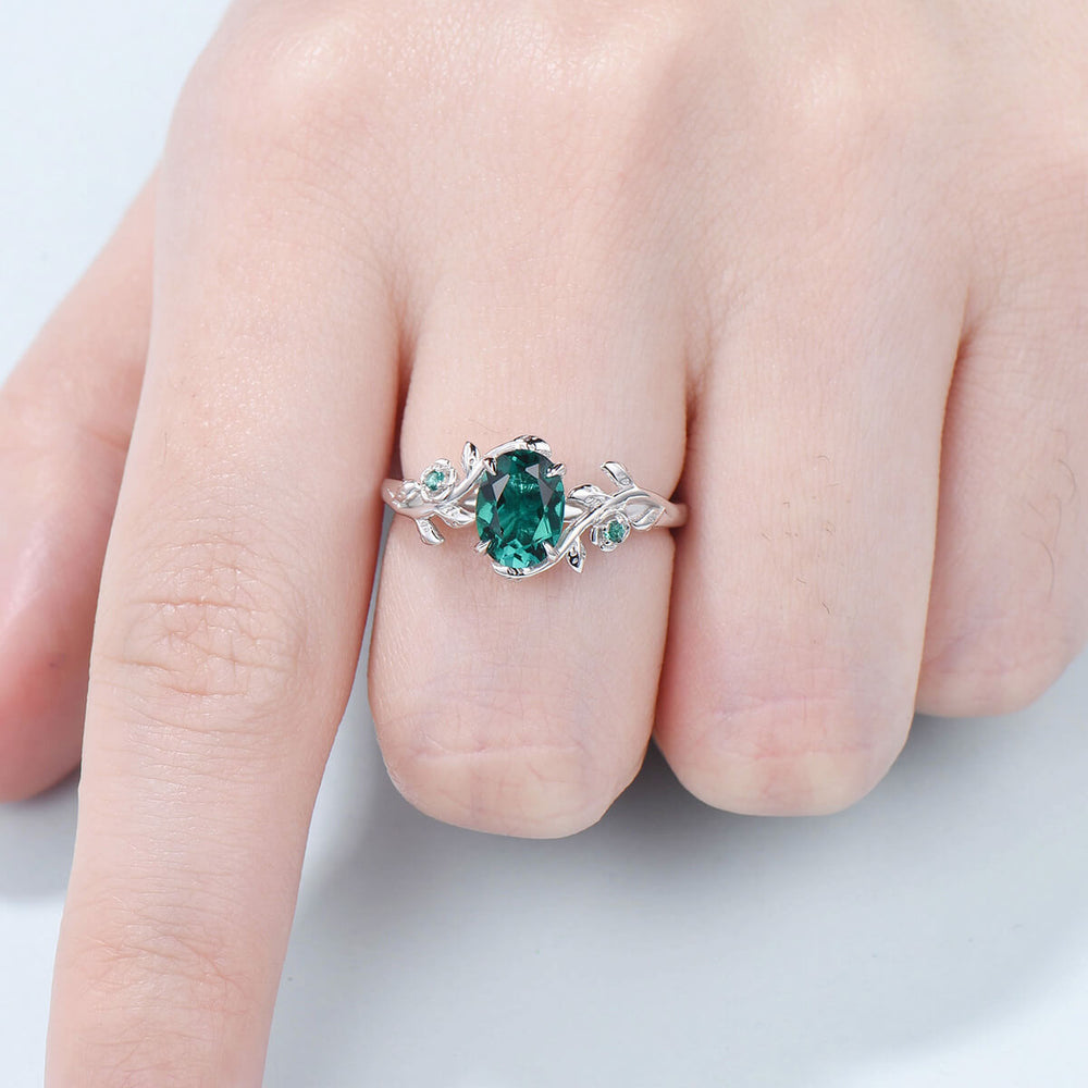 Nature inspired flower emerald engagement ring vintage floral branch emerald wedding ring unique twig leaves May birthstone anniversary ring - PENFINE