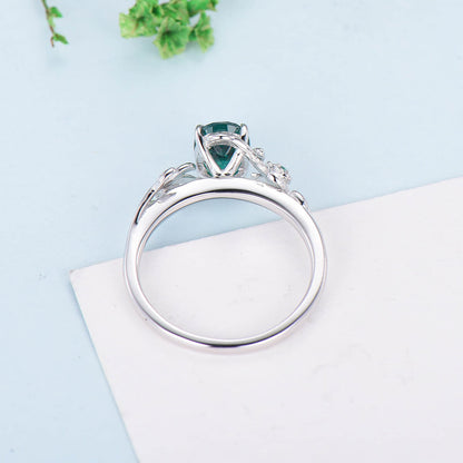 Nature inspired flower emerald engagement ring vintage floral branch emerald wedding ring unique twig leaves May birthstone anniversary ring - PENFINE
