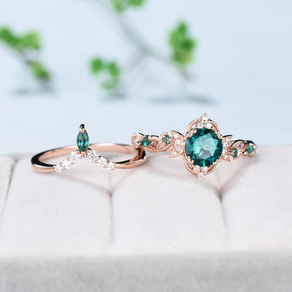 Vintage Emerald Engagement Ring Set Unique Leaves Nature Inspired Emerald Wedding Ring Set Art Deco Green Crystal Moissanite Bridal Ring Set - PENFINE