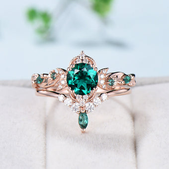 Vintage Emerald Engagement Ring Set Unique Leaves Nature Inspired Emerald Wedding Ring Set Art Deco Green Crystal Moissanite Bridal Ring Set - PENFINE