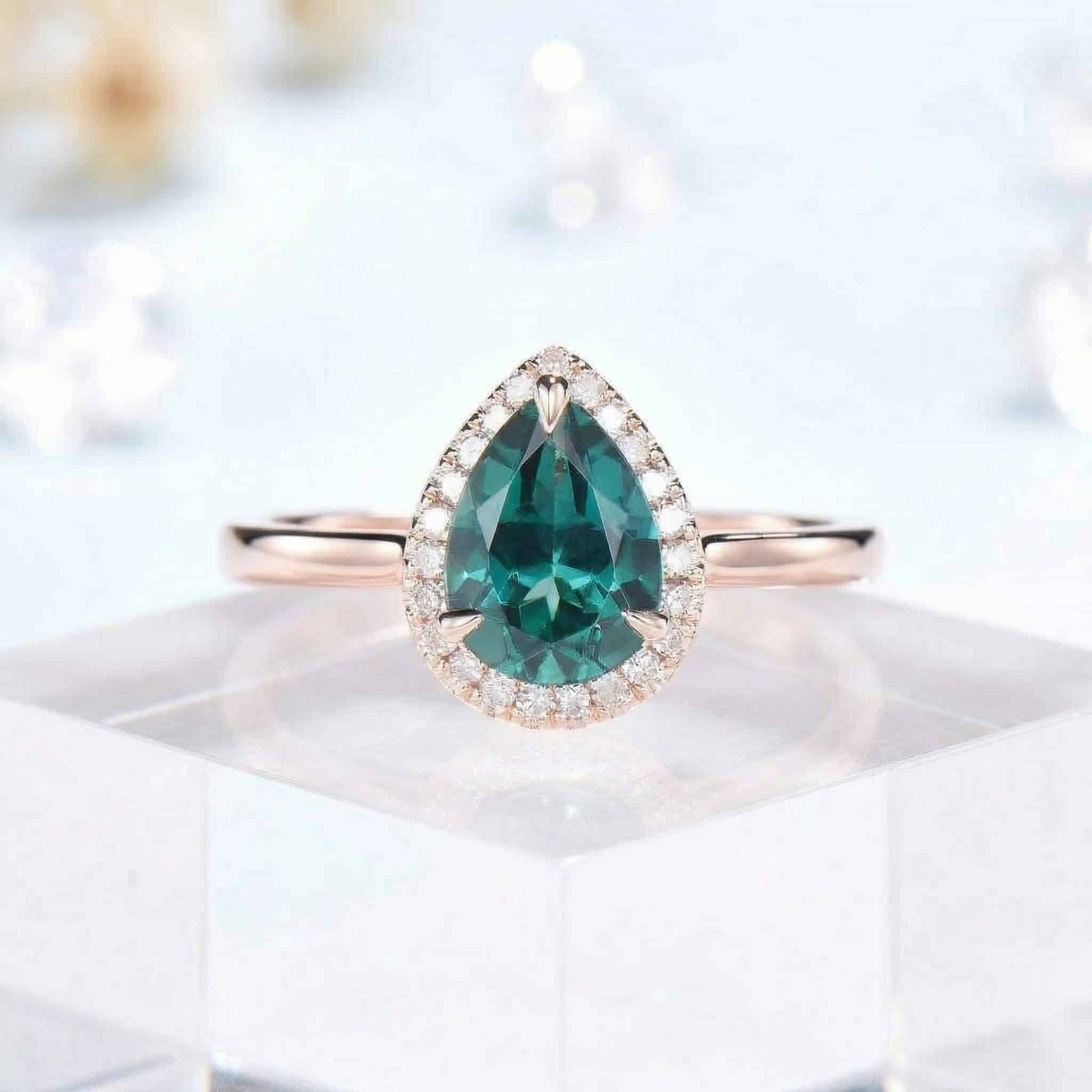 Classic Pear Emerald Diamond Engagement Ring Set Emerald Band 3pcs - PENFINE