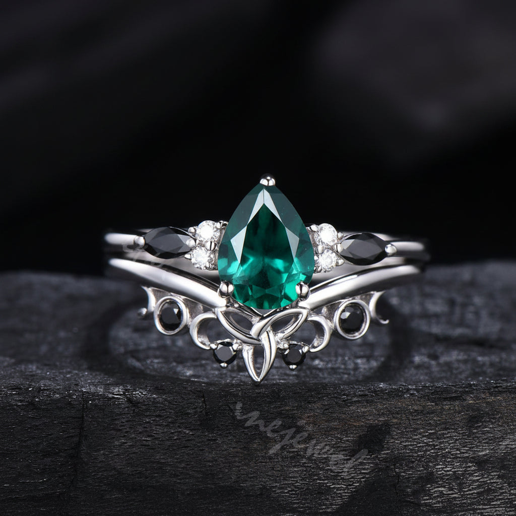 Pear Cut Emerald Engagement Ring Set White Gold Gothic Black Spinel Celtic Bridal Set