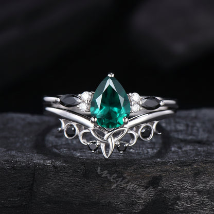 Pear Cut Emerald Engagement Ring Set White Gold Gothic Black Spinel Celtic Bridal Set