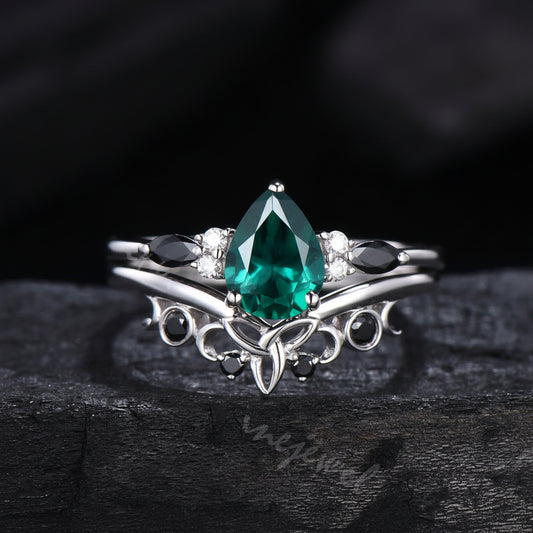 Pear Cut Emerald Engagement Ring Set White Gold Gothic Black Spinel Celtic Bridal Set