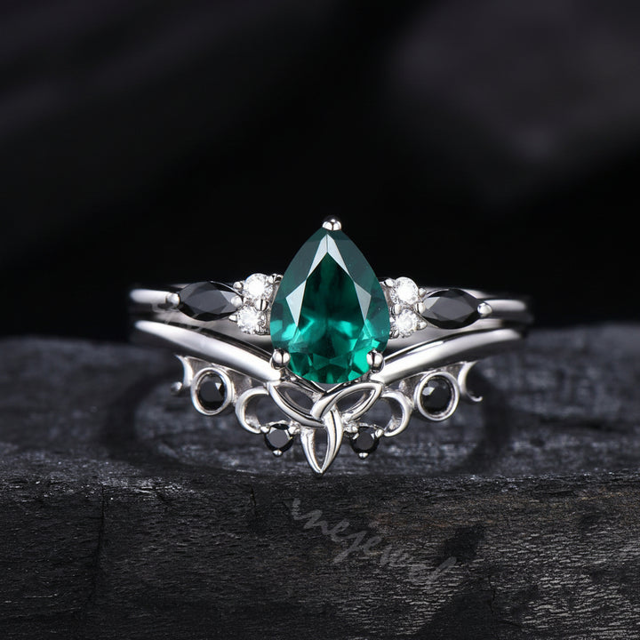 Pear Cut Emerald Engagement Ring Set White Gold Gothic Black Spinel Celtic Bridal Set