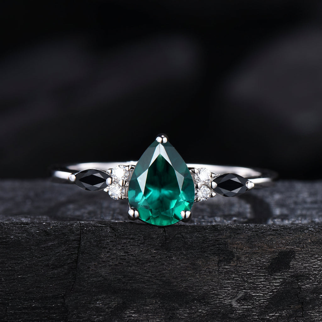 Pear Cut Emerald Engagement Ring Set White Gold Gothic Black Spinel Celtic Bridal Set
