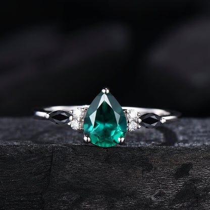 Pear Cut Emerald Engagement Ring Set White Gold Gothic Black Spinel Celtic Bridal Set