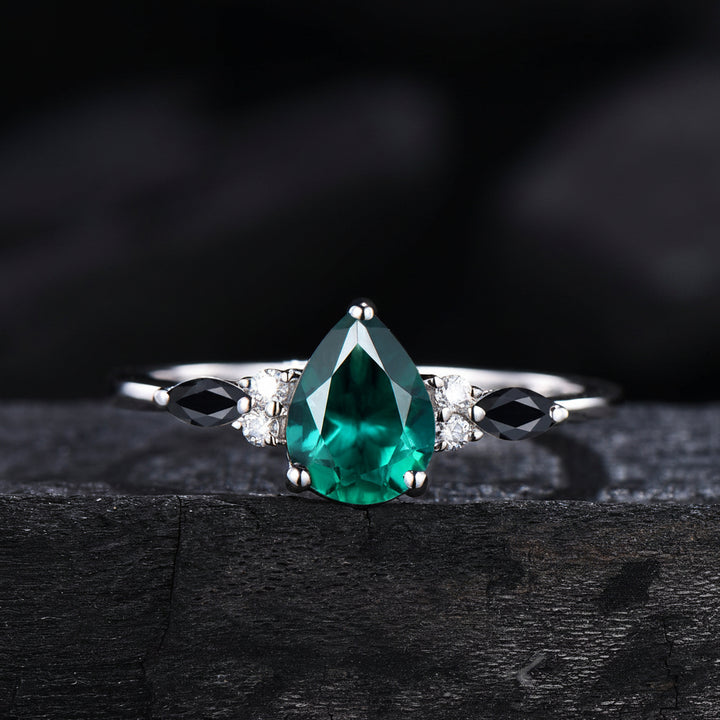 Pear Cut Emerald Engagement Ring Set White Gold Gothic Black Spinel Celtic Bridal Set