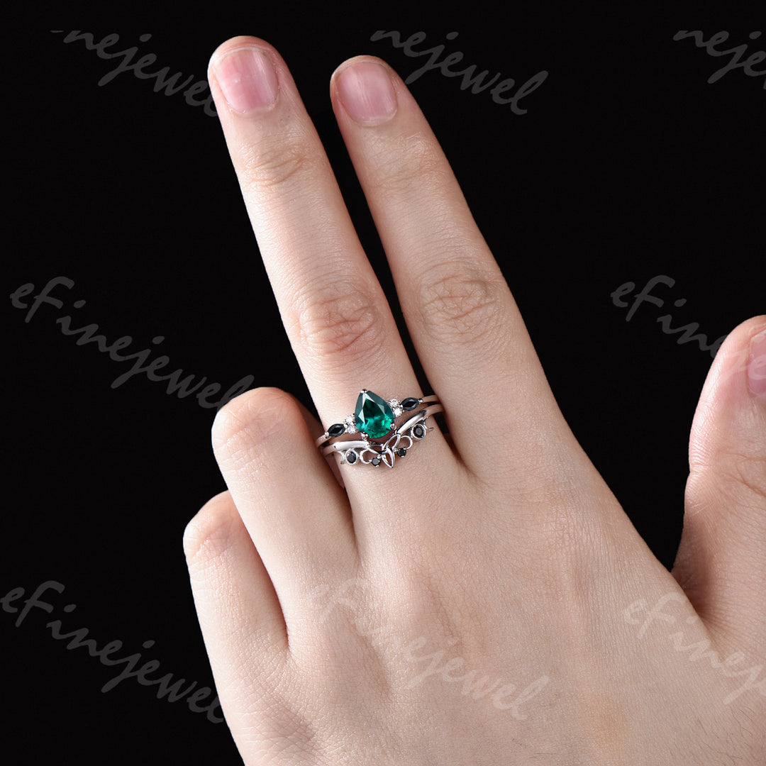 Pear Cut Emerald Engagement Ring Set White Gold Gothic Black Spinel Celtic Bridal Set
