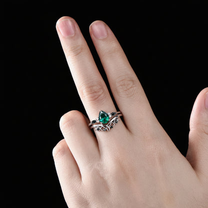 Pear Cut Emerald Engagement Ring Set White Gold Gothic Black Spinel Celtic Bridal Set