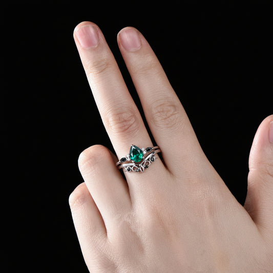 Pear Cut Emerald Engagement Ring Set White Gold Gothic Black Spinel Celtic Bridal Set