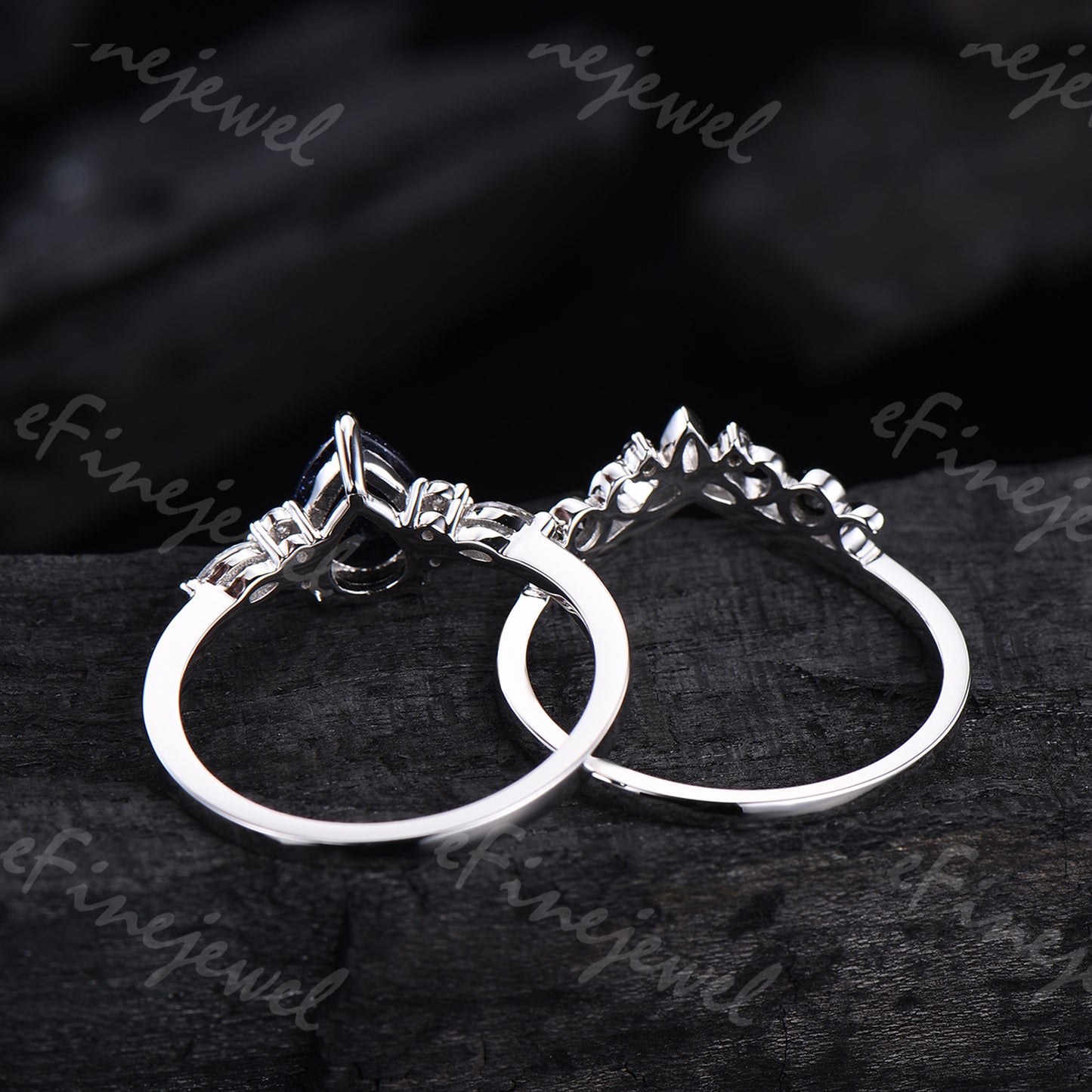 Pear Cut Emerald Engagement Ring Set White Gold Gothic Black Spinel Celtic Bridal Set