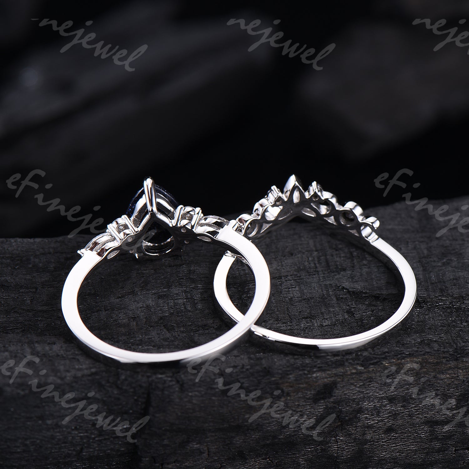 Pear Cut Emerald Engagement Ring Set White Gold Gothic Black Spinel Celtic Bridal Set