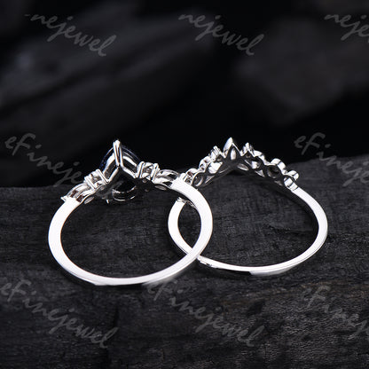 Pear Cut Emerald Engagement Ring Set White Gold Gothic Black Spinel Celtic Bridal Set