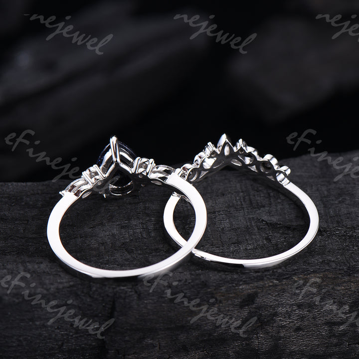 Pear Cut Emerald Engagement Ring Set White Gold Gothic Black Spinel Celtic Bridal Set