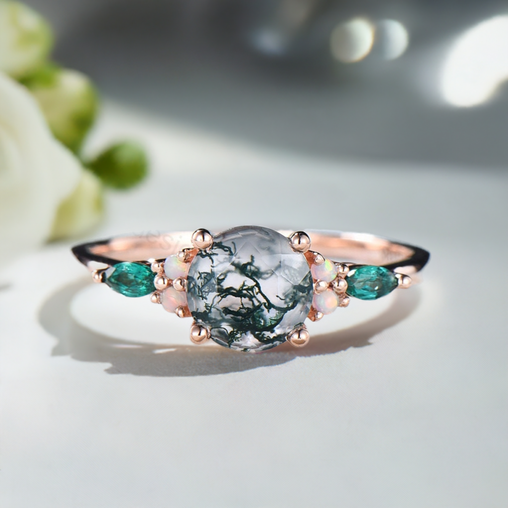 1 Carat Vintage Unique Moss Agate Cluster Opal Emerald Engagement Ring - PENFINE