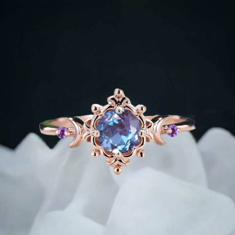 Magic Crescent Moon Floral Alexandrite Engagement Ring Nature Inspired Vintage Color Change Cluster Amethyst Wedding Ring Anniversary gift - PENFINE