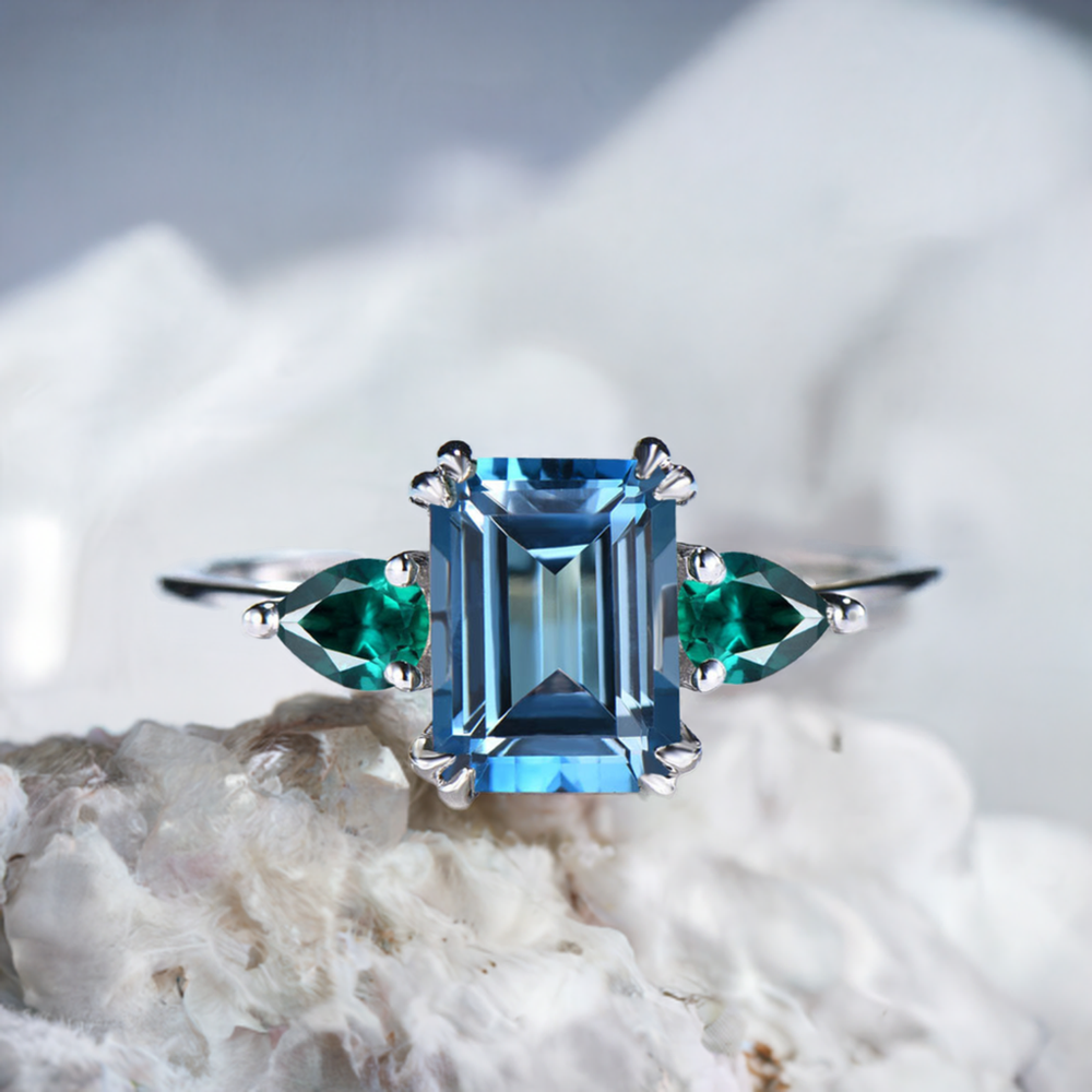 Retro Emerald Cut London Blue Topaz Engagement Ring White Gold 8 prongs Engagement Ring Three Stone Pear Emerald Wedding Ring For Women - PENFINE