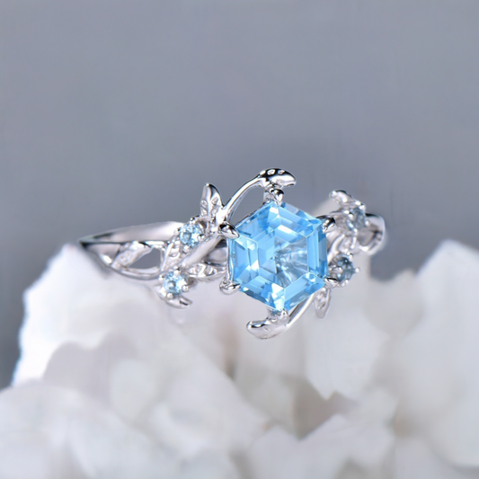 Twig Vine Swiss Blue Topaz Ring Vintage Hexagon cut Leaf light blue topaz engagement ring branch Natural Inspired November birthstone ring - PENFINE