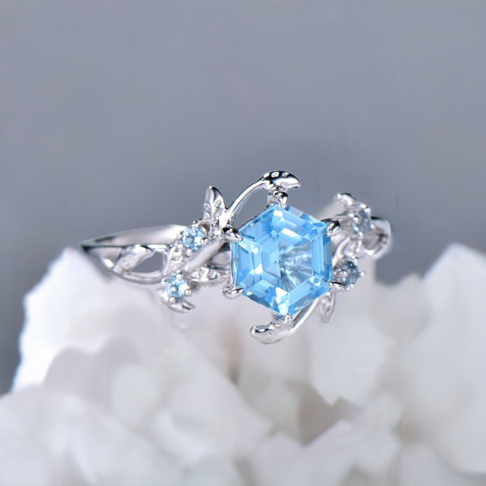 Twig Vine Swiss Blue Topaz Ring Vintage Hexagon cut Leaf light blue topaz engagement ring branch Natural Inspired November birthstone ring - PENFINE