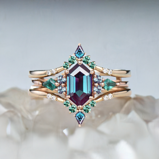 Vintage 5X9mm long hexagon alexandrite engagement ring set kite alexandrite emerald green stone wedding set double curved v stacking band - PENFINE