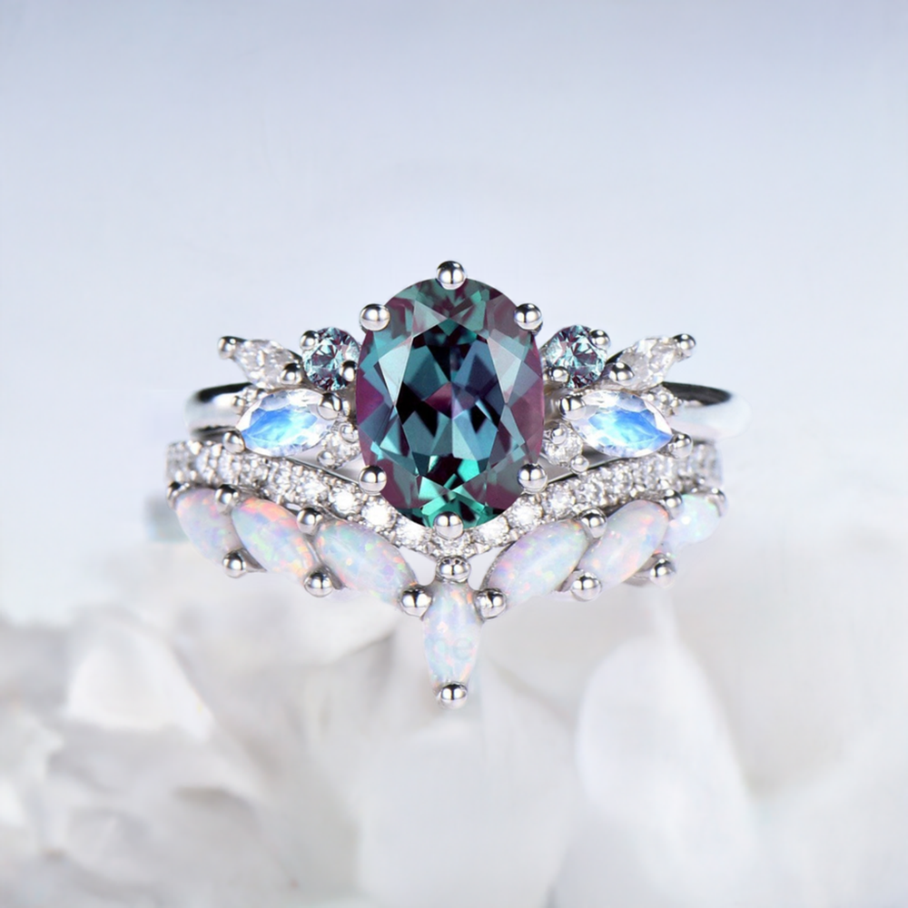 Unique Alexandrite Engagement Ring Set Cluster Marquise Moonstone Wedding Ring Vintage Curved Moissanite White Opal Bridal Ring Set For Her - PENFINE