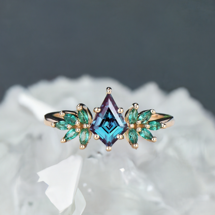 Vintage alexandrite engagement ring kite cut Unique cluster emerald wedding ring for women Healing green gemstone anniversary promise ring - PENFINE