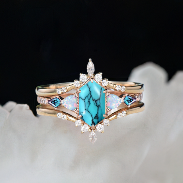 Vintage 5X9mm long hexagon turquoise engagement ring set unique triangle fire opal kite alexandrite wedding ring set double curved v band - PENFINE