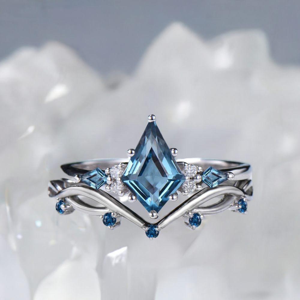 Vintage London blue topaz engagement ring kite cut 14k white gold seven stone topaz wedding ring elegant anniversary promise ring for women - PENFINE