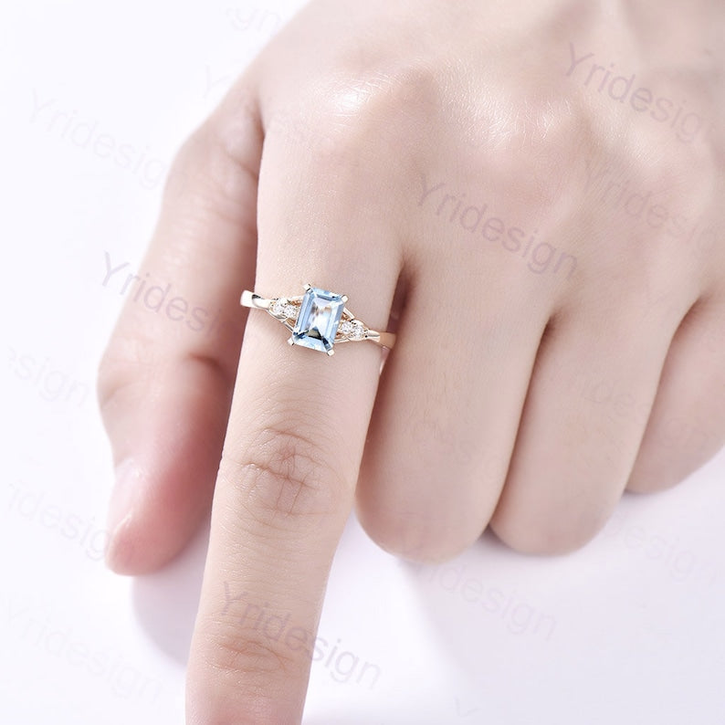 Natural aquamarine engagement ring real diamond ring solid 14k 18k white gold aquamarine ring vintage wedding promise ring gift fine jewelry - PENFINE