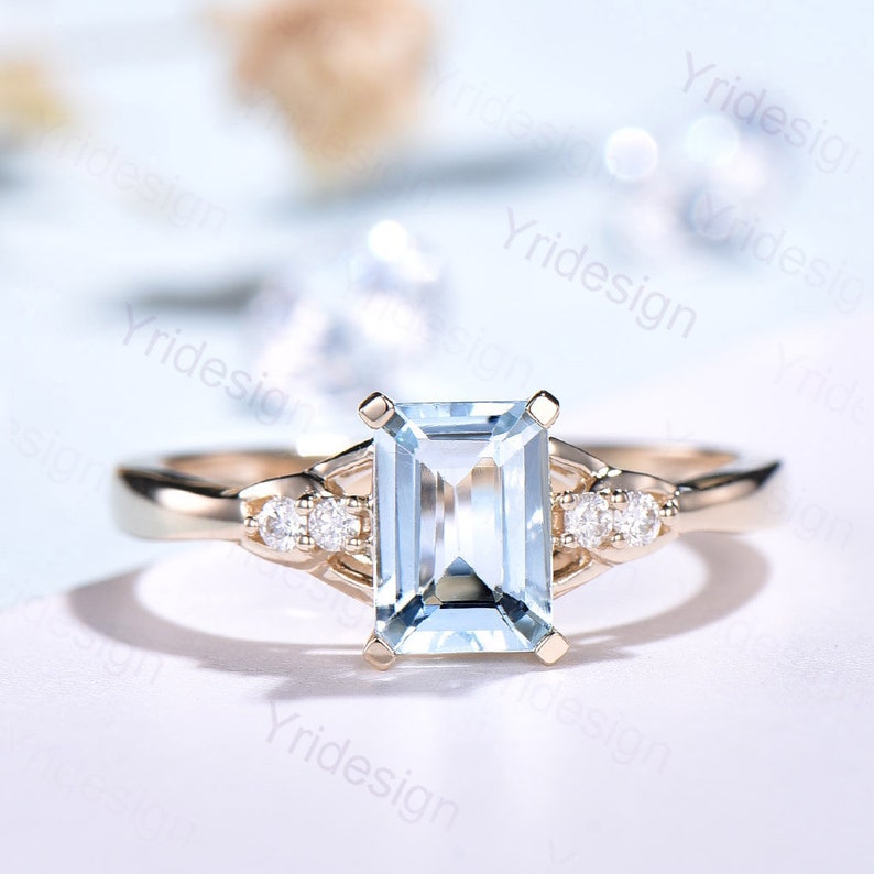 Natural aquamarine engagement ring real diamond ring solid 14k 18k white gold aquamarine ring vintage wedding promise ring gift fine jewelry - PENFINE