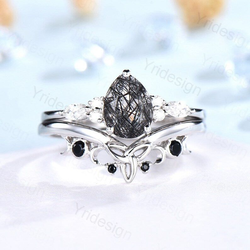Pear Black Rutilated Quartz Engagement Ring Black Diamond Band-y-002 - PENFINE