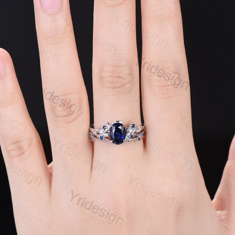 Vintage blue sapphire wedding ring set Leaf twig engagement ring set Art deco Nature Inspired rose gold bridal set for women Branch ring - PENFINE