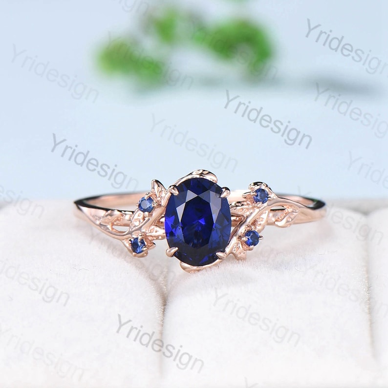 Vintage blue sapphire wedding ring set Leaf twig engagement ring set Art deco Nature Inspired rose gold bridal set for women Branch ring - PENFINE