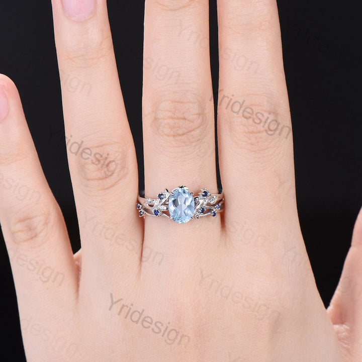 Vintage aquamarine engagement ring set Nature inspired wedding set Leaf twig rose gold bridal set for women Cluster Sapphire Branch ring - PENFINE