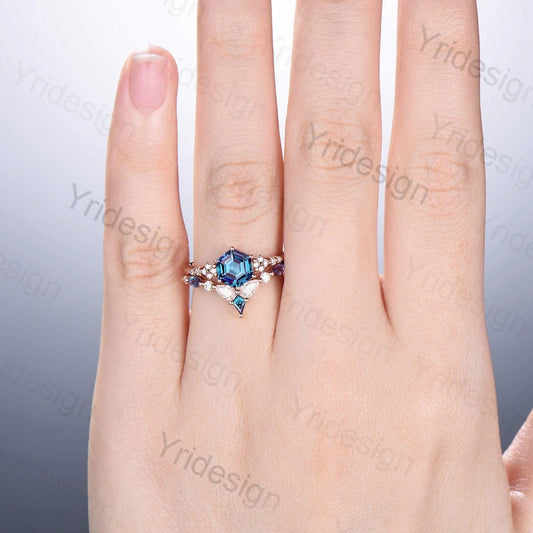 Vintage Hexagon Alexandrite Ring Set Silver Rose Gold Color Change Leaf Flower Moissanite Engagement Ring Art Deco Wedding Set For Women - PENFINE