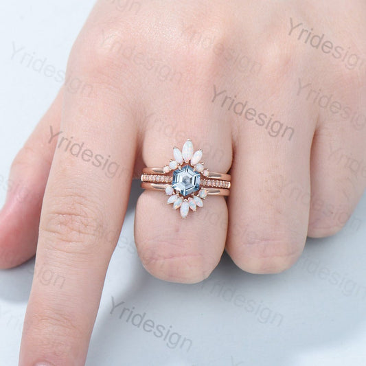 Vintage aquamarine engagement ring set rose gold art deco fire opal Natural aquamarine wedding ring set for women Unique stacking bridal set - PENFINE