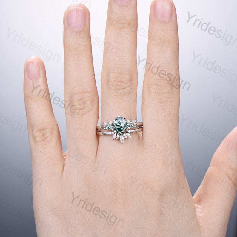 Custom order,2pcs Oval Moss Agate Engagement Ring Set - PENFINE