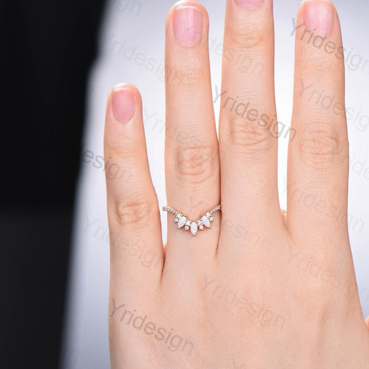 Opal Wedding Band Women Rose Gold Vintage Marquise White Opal Wedding Ring Unique Curved V Matching Band Stacking Bridal Promise gift - PENFINE