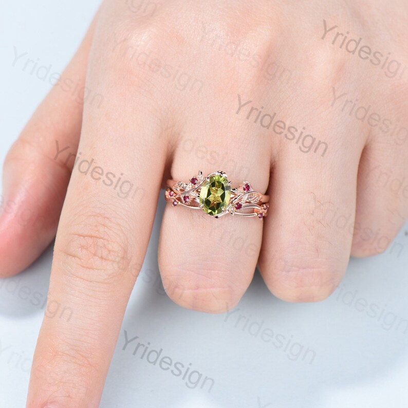 Vintage peridot and ruby wedding ring set Leaf twig engagement ring set Natural Inspired rose gold bridal set for women Branch promise ring - PENFINE