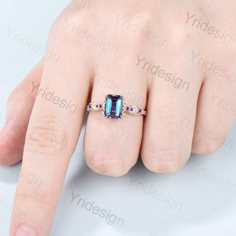 Retro Emerald Cut Alexandrite Engagement Ring Vintage Amethyst Celtic Wedding Ring unique 8 prongs stacking Band Ring Women Anniversary Gift - PENFINE