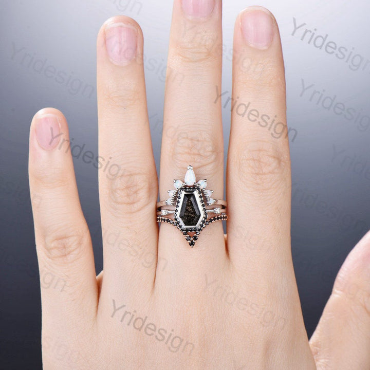 Vintage coffin shaped black rutilated quartz ring set unique black stone engagement ring halo spinel wedding ring set her anniversary gift - PENFINE