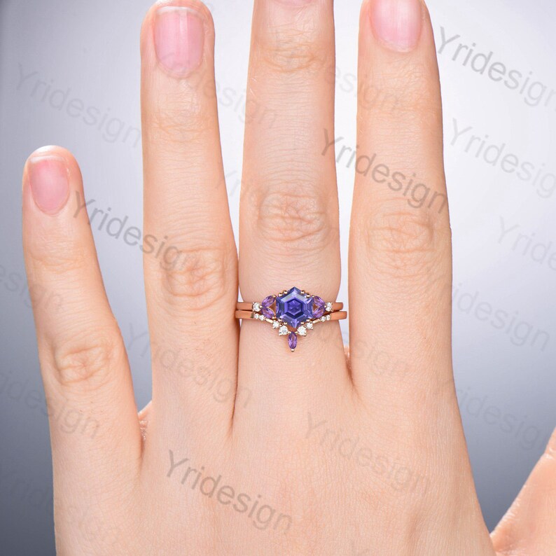 Vintage Natural Purple outlet Amethyst Cluster Engagement Ring, Unique Hexagon Cut Rose/ White Gold Flower Wedding Promise Anniversary Ring for her