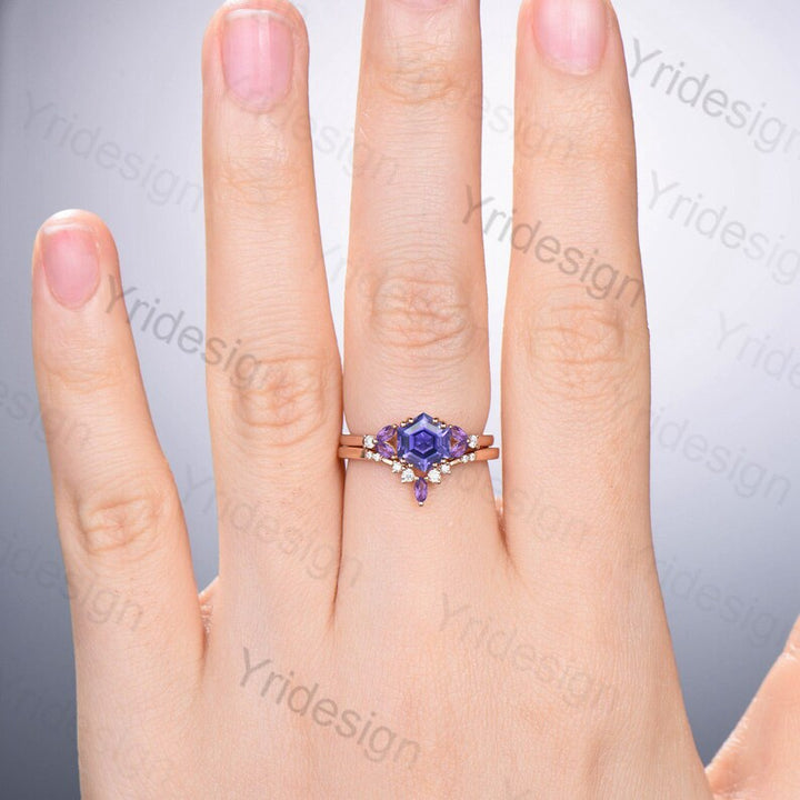 Hexagon Purple Sapphire engagement ring set unique silver Rose gold vintage engagement ring wedding Bridal ring Promise Anniversary gift - PENFINE