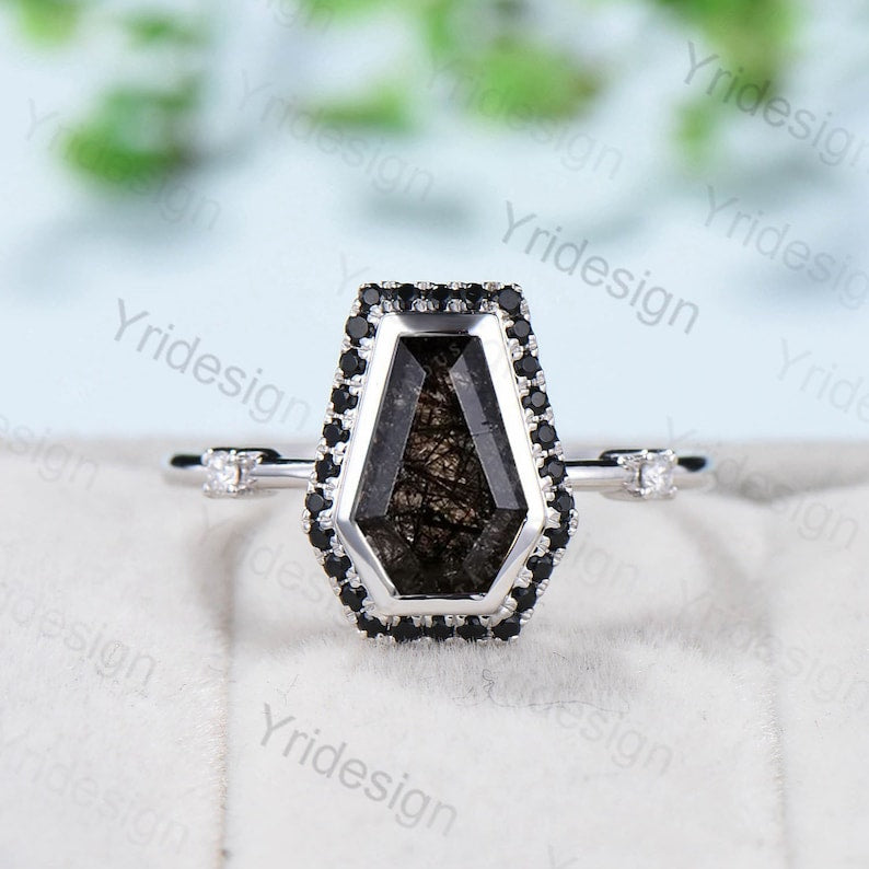 Vintage coffin shaped black rutilated quartz ring set unique black stone engagement ring halo spinel wedding ring set her anniversary gift - PENFINE