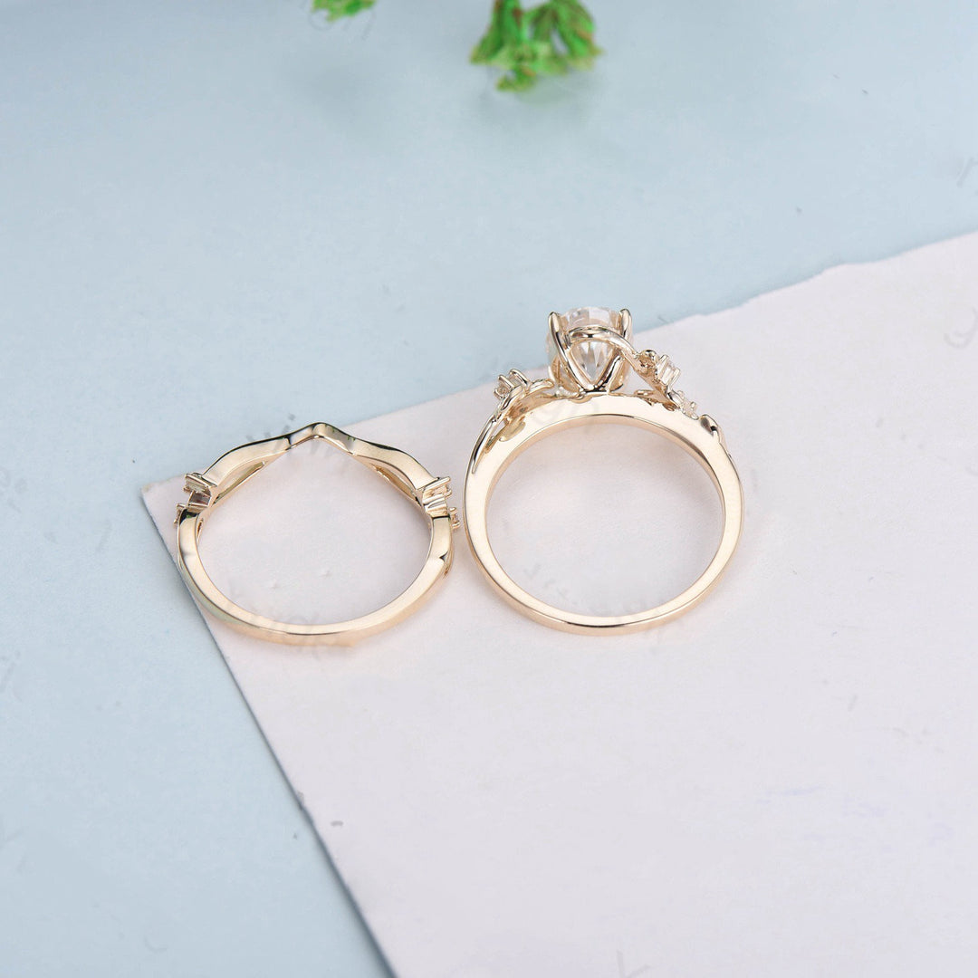 Nature Inspired Leaf oval moissanite wedding ring set cluster branch leaf engagement ring women vintage unique Christmas gift yellow gold - PENFINE