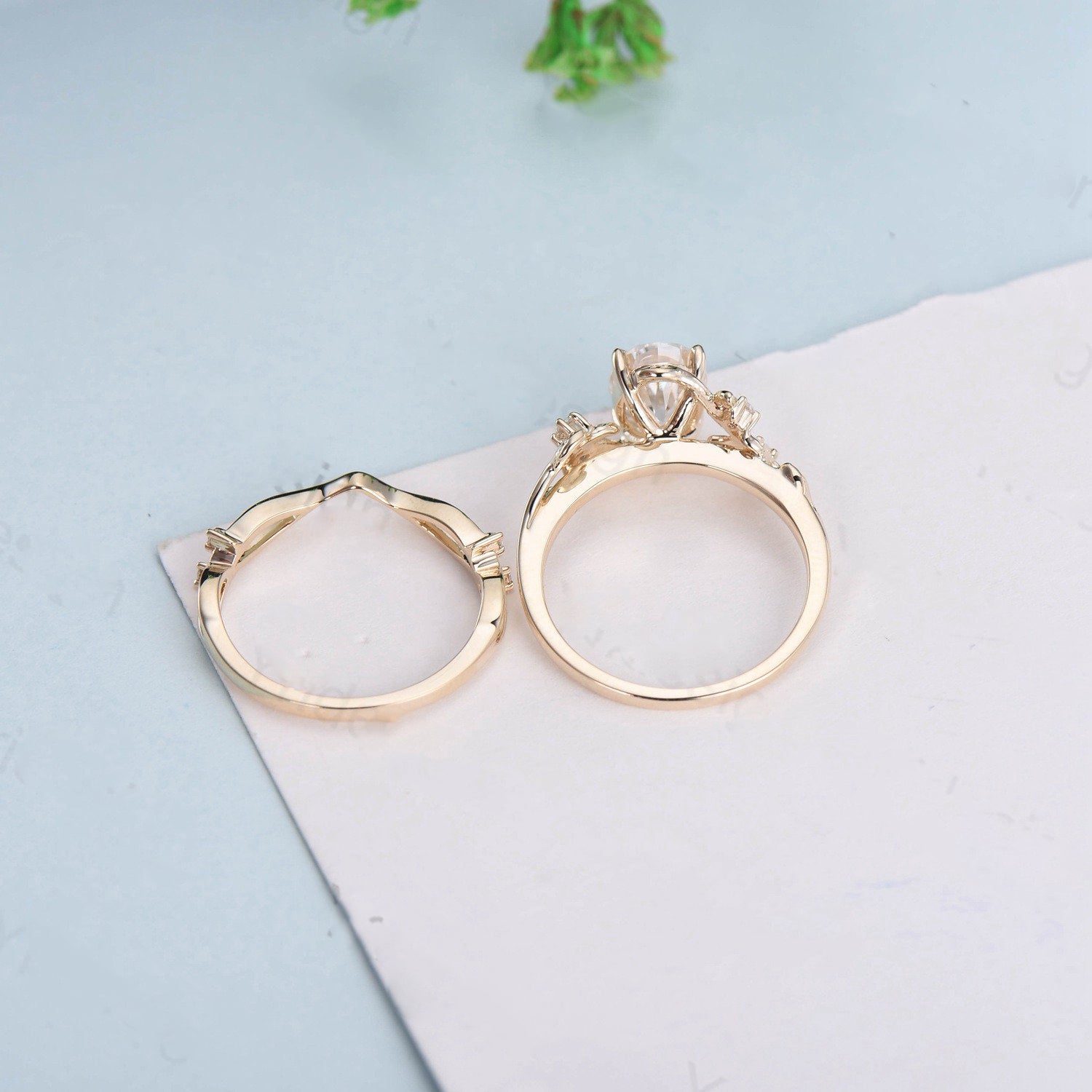 Natural Inspired rose quartz ring set Leaf engagement ring women uniqu –  PENFINE