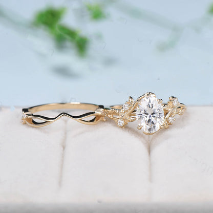 Nature Inspired Leaf oval moissanite wedding ring set cluster branch leaf engagement ring women vintage unique Christmas gift yellow gold - PENFINE