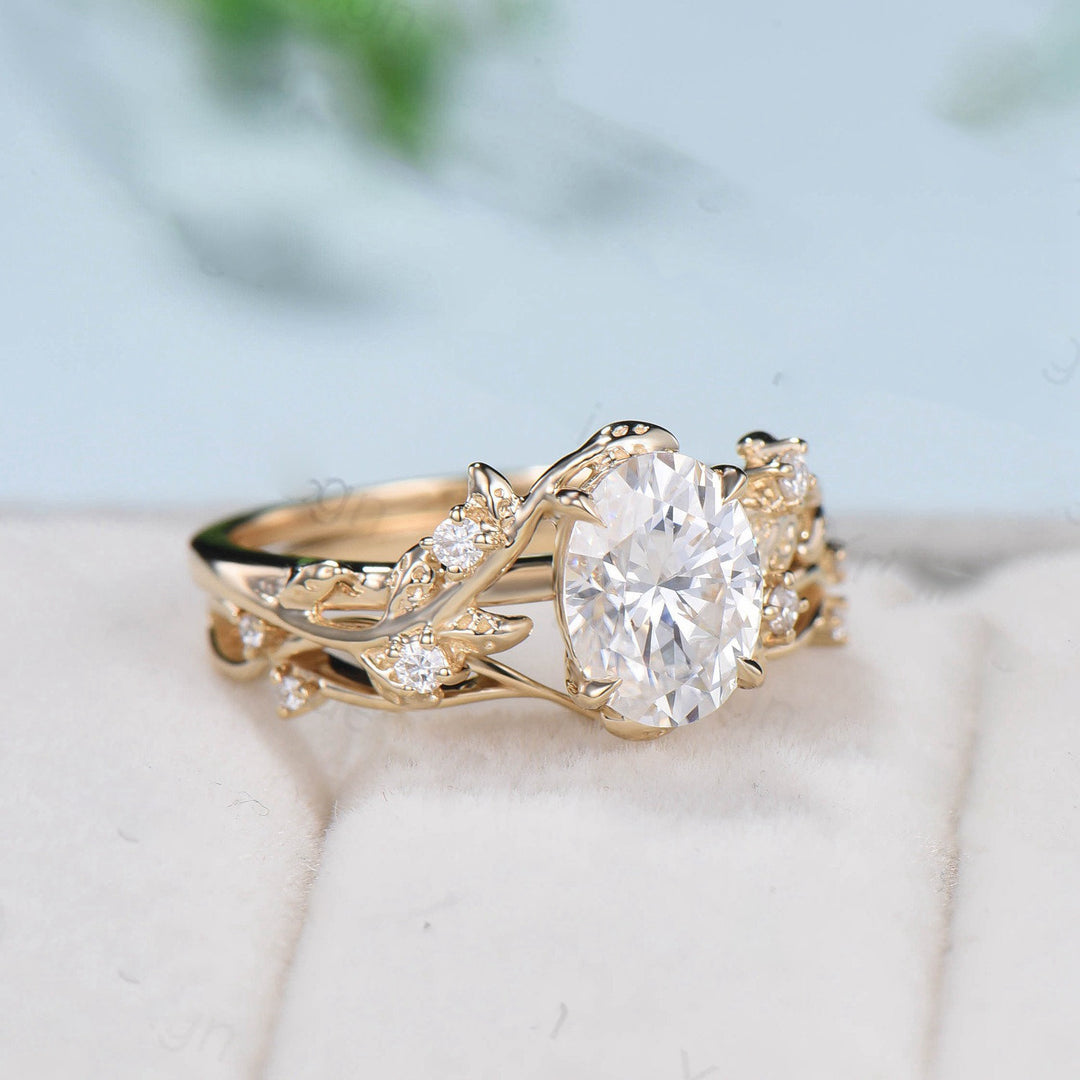 Nature Inspired Leaf oval moissanite wedding ring set cluster branch leaf engagement ring women vintage unique Christmas gift yellow gold - PENFINE