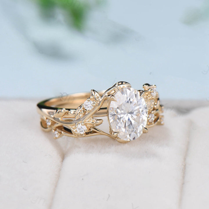 Nature Inspired Leaf oval moissanite wedding ring set cluster branch leaf engagement ring women vintage unique Christmas gift yellow gold - PENFINE